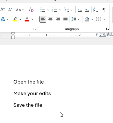 Numbered list demonstration in Word